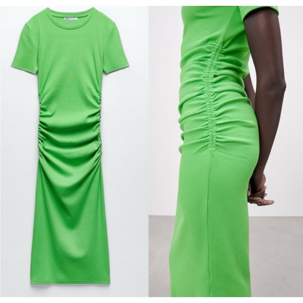 Zara Green Ruched Maxi Dress Short Sleeve Bodycon Column Y2K Casual Chic Size S